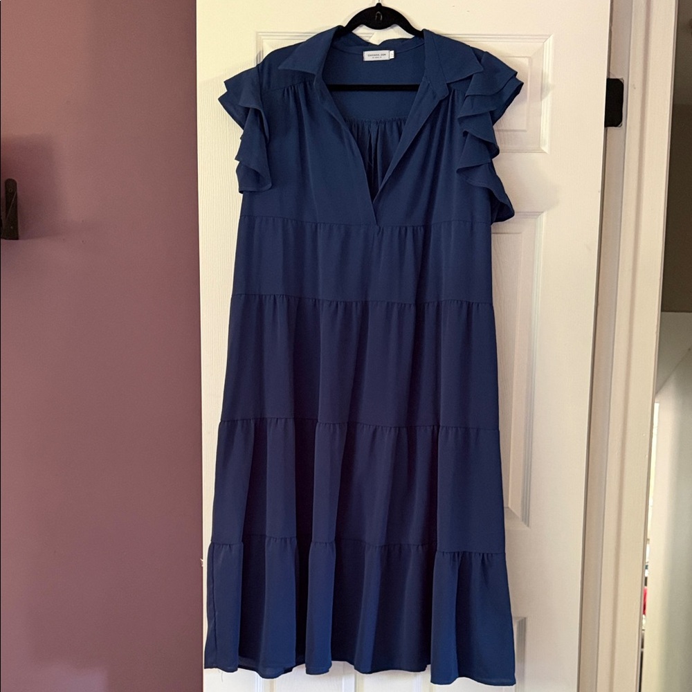 Chic Soul Navy Tiered Midi Dress with Ruffle Sleeves